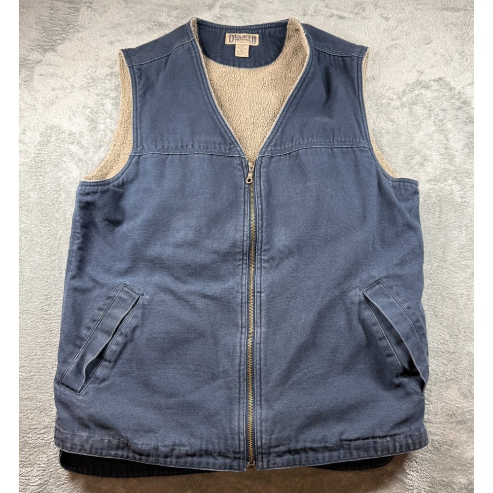 Duluth Trading Co Men's Sherpa Lined Work Vest L Tall Blue Canvas Utility Pocket